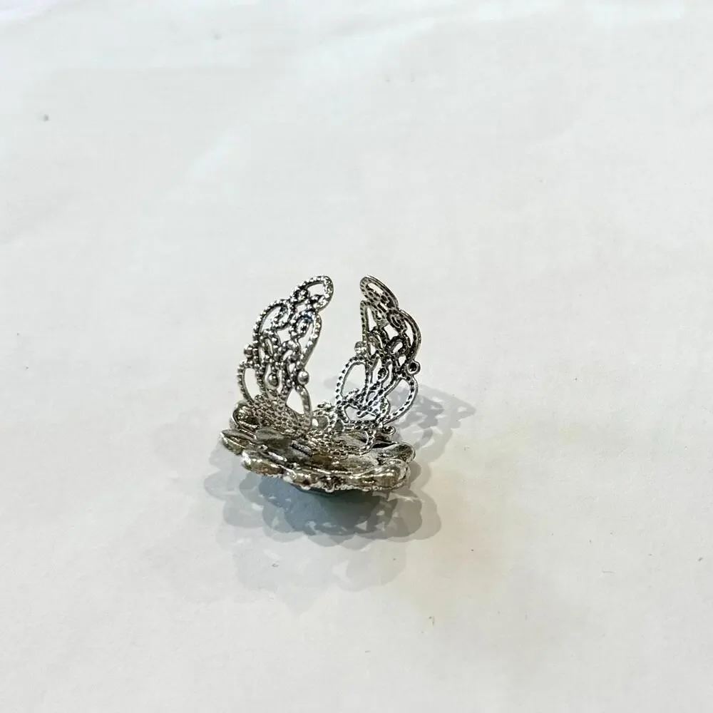 Vintage Silver‎ Tone Costume Jewelry Ring One Size Green Stone Adjustable